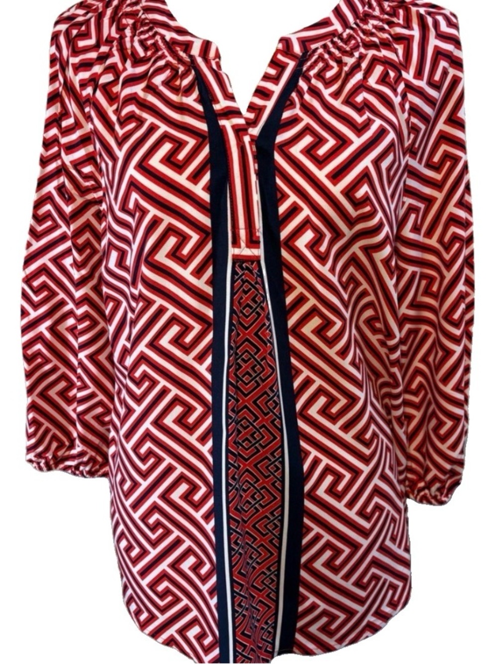 Crown & Ivy Red White & Blue Geometric Greek Pattern Long Sleeve Blouse Sz Lg